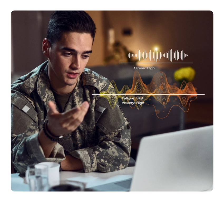 Soldier speaking into a computer with data analysis above him