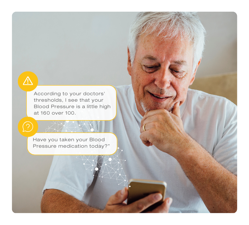 Man looking at phone with alerts regarding his blood pressure